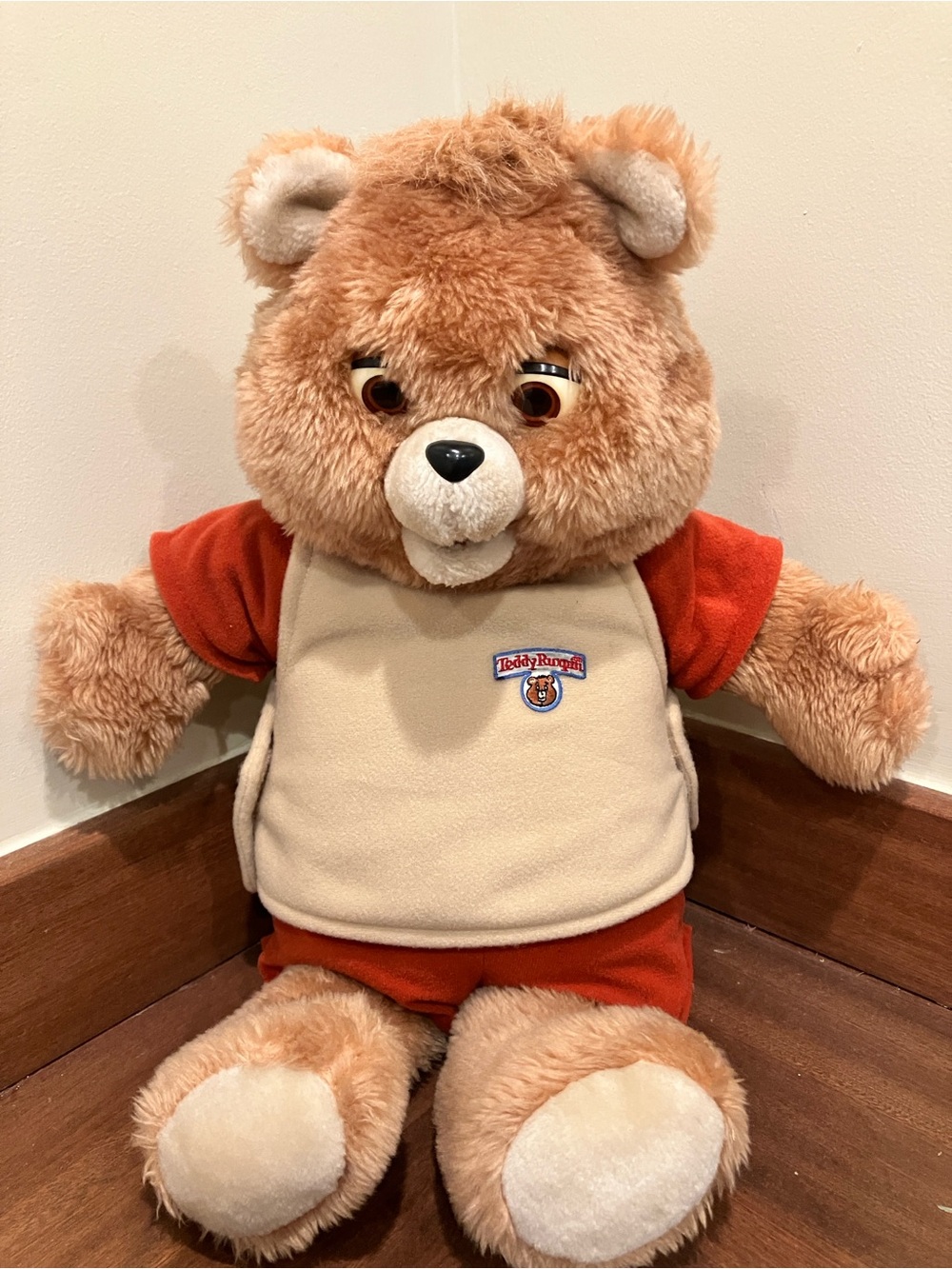 Vintage Teddy Ruxpin Plush Bear in Tan with Red Outfit